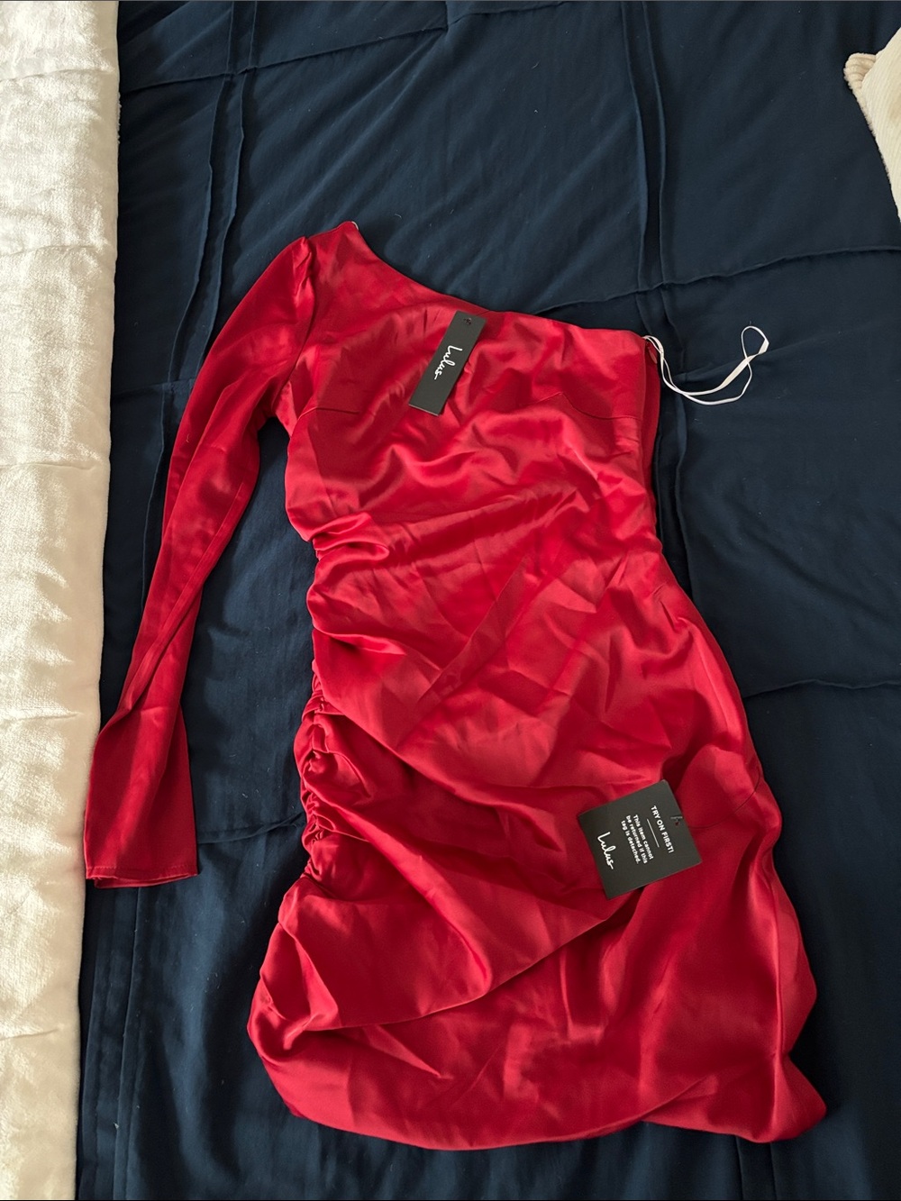 Lulu's Red One-Shoulder Satin Ruched Mini Dress
